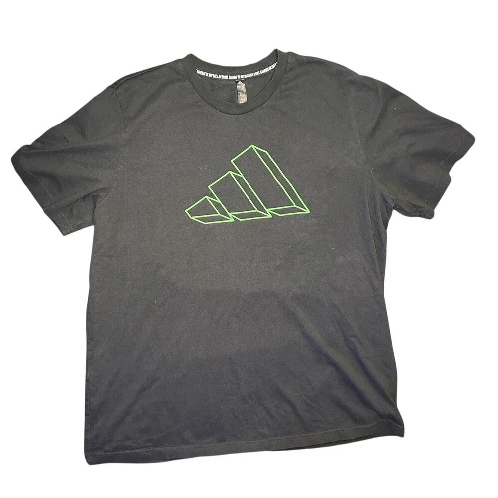 Men’s Adidas XL Black T-Shirt Green Logo Front & Back Neck Streetwear